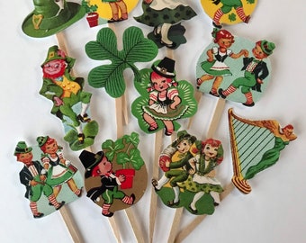 Vintage Inspired St. Patrick Day Cupcake Picks, Dennison Seals, Decorations, Shamrock, Leprechaun, St. Patrick Seals, Eureka Seal, Pk of 12