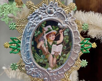 St. Patrick's Day Ornament, St. Patty's, Feather Tree, Luck of the Irish, Leprechaun, Vintage Mercury Glass Beads, Vintage Irish Emphemera