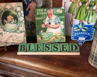 Scrabble holder with "BLESSED" green tiles, Tiered Tray, Shelf Sitter, Spring Decoration,