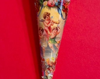 Vintage Inspired Valentine, Easter, Christmas Tussie Mussie Ornament, Silver Foil Cone Ornament, German Dresden, Angel Hair Lametta