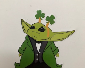 St. Patrick's Day Sticker, Baby Yoda, Water Bottle, Laptop, Car, Window Decal, Plastic Cup Sticker. Vinyl Sticker, Decal