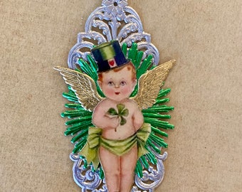St. Patrick's Day Ornament, St. Patty's, Feather Tree, Angel, Cherub, Leprechaun, Vintage Mercury Glass Beads, Vintage Irish Ephemera