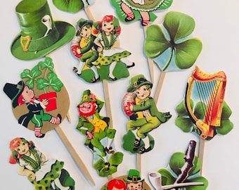 Vintage Inspired St. Patrick Day Cupcake Picks, Dennison Seals, Decorations, Shamrock, Leprechaun, St. Patrick Seals, Eureka Seal, Pk of 12