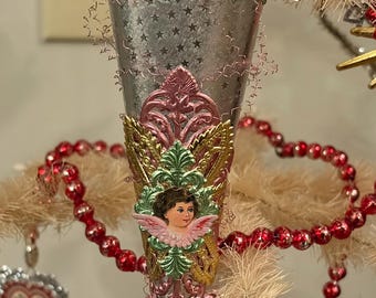 Vintage Inspired Valentine, Easter, Christmas Tussie Mussie Ornament, Silver Foil Cone Ornament, German Dresden, Angel Hair Lametta