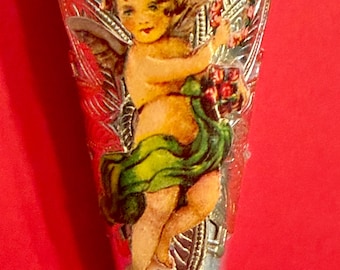 Vintage Inspired Valentine, Easter, Christmas Tussie Mussie Ornament, Silver Foil Cone Ornament, German Dresden, Angel Hair Lametta