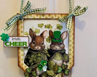 Whimsical St. Patrick's Day Bunny Decoration, Millinery Ribbons, Glitter, Shamrocks, Leprechaun, Irish, Magical, Clover, Rabbits, Flowers