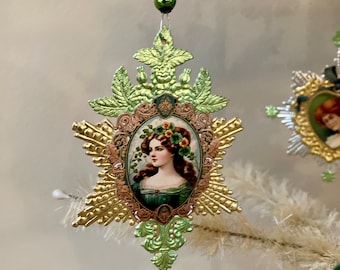 St. Patrick's Day Ornament, St. Patty's, Feather Tree, German Dresden, Leprechaun, Vintage Mercury Glass Beads, Vintage Irish Ephemera