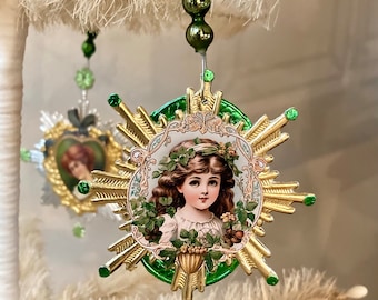 St. Patrick's Day Ornament, St. Patty's, Feather Tree, Luck of the Irish, Leprechaun, Vintage Mercury Glass Beads, Vintage Irish Emphemera