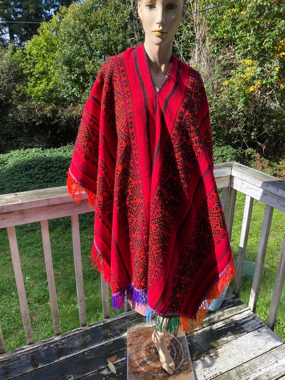 Boho Vtg Red poncho Cape sweater