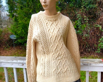 Vtg Handmade Mother Cable Knit Wool Woven Fishermans Fair Island Crewneck Jumper Sweater