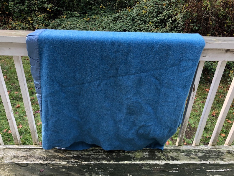 SALE 50s Thick Vintage Blue Wool Satin Trim Cottage Cabin Lakeside Warm Blanket Bedding