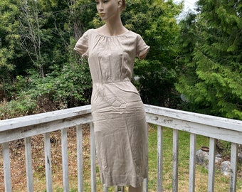 40s 50s Sue Brett Khaki Wiggle Linen Dress/ Kitten Cocktail Bohemian Chic Dress