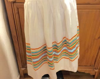 SALE 50s VIntage Patio Oaxacan Fiesta White Cotton Striped '50s Rockabilly Swing Skirt/ Kitschy Cottage Chic Dance SKirt