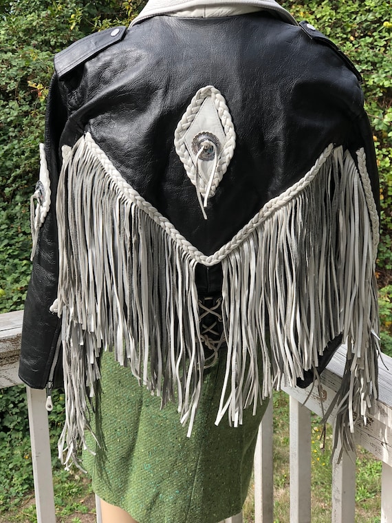 Retro Vintage Black White Moto Fringed Biker Rock… - image 2