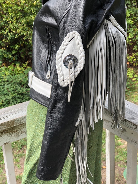 Retro Vintage Black White Moto Fringed Biker Rock… - image 8