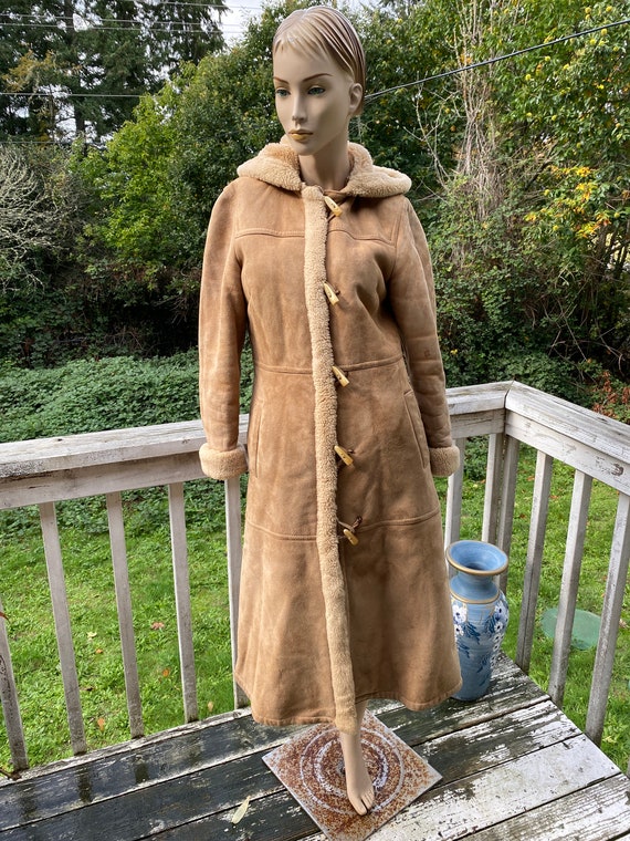 Midi boho suede leather sheepskin hooded coat