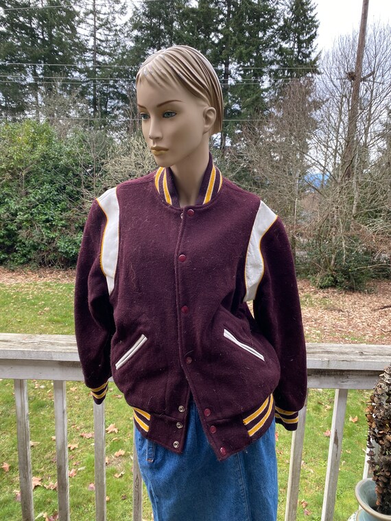 VIntage Maroon Gołd White Wool Leather Varsity Let