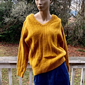 Vintage Mustard Yellow Knitted Tee Neck Boho Pullover Cable Knit Sweater Cardigan