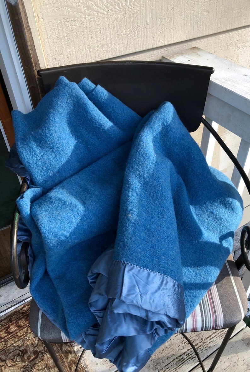 SALE 50s Thick Vintage Blue Wool Satin Trim Cottage Cabin Lakeside Warm Blanket Bedding