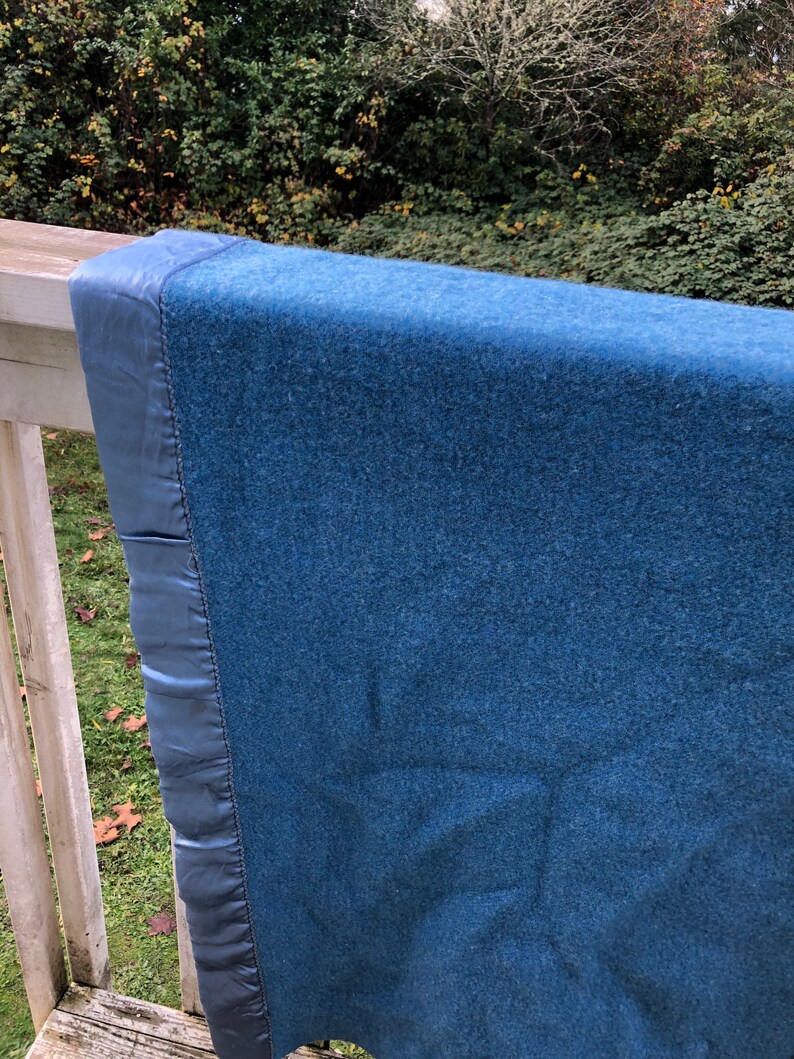 SALE 50s Thick Vintage Blue Wool Satin Trim Cottage Cabin Lakeside Warm Blanket Bedding