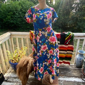 60s Ui Maikai MCM Hawaiian Vintage Cotton Barkcloth Maxi Aloha Blue Floral Dress