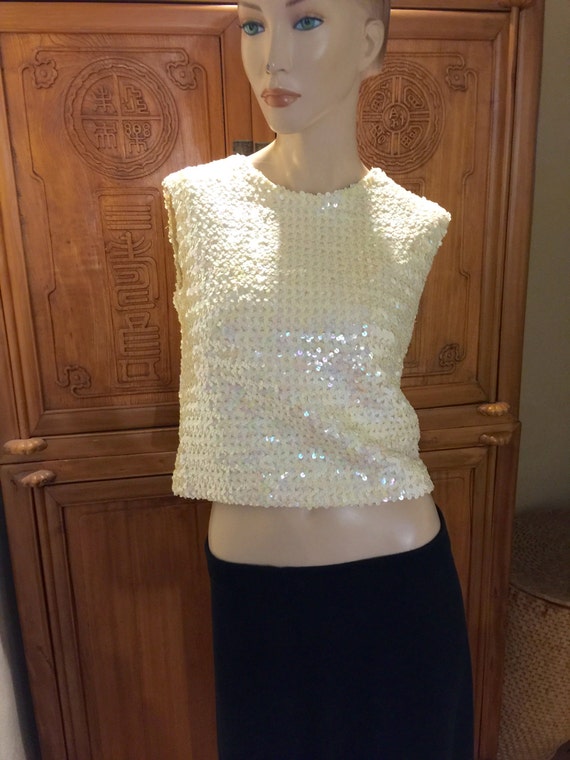FLASH SALE 60S Hollywood Glam 60s Cream Sequin Cocktail Party Wedding Top Blouse