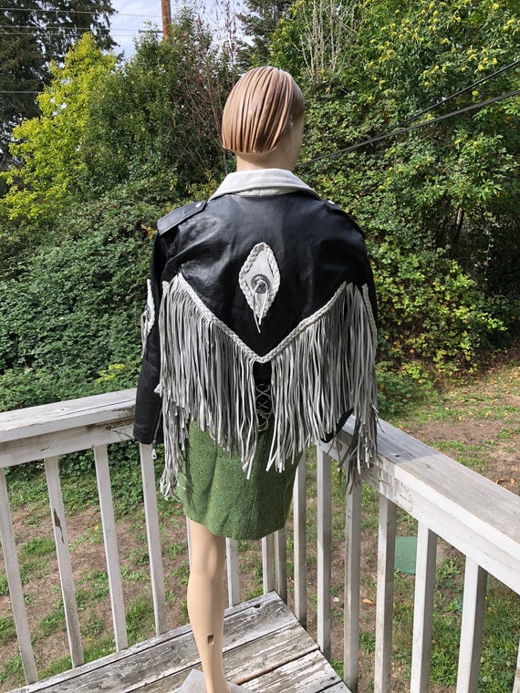 Retro Vintage Black White Moto Fringed Biker Rock… - image 1