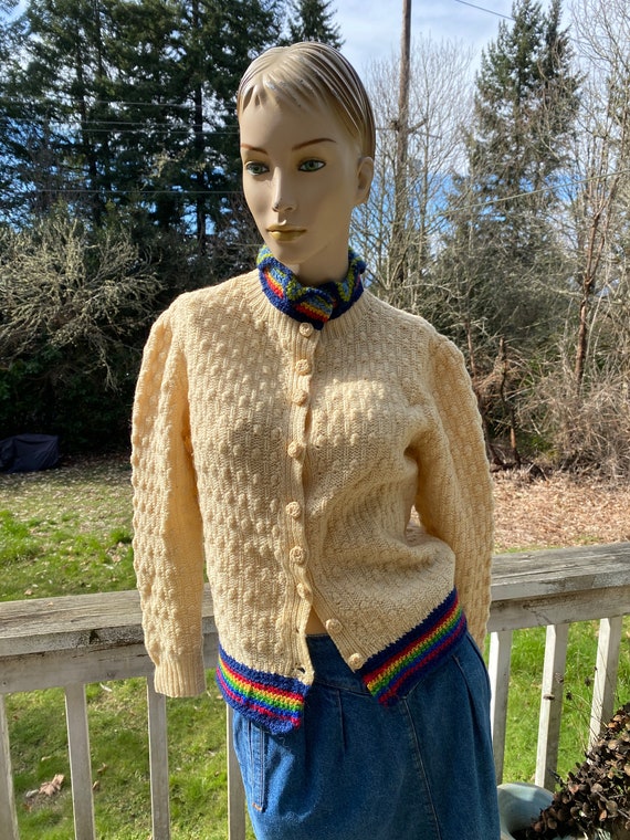 VIntage Hand Knitted Crocheted Vanilla Rainbow 60s