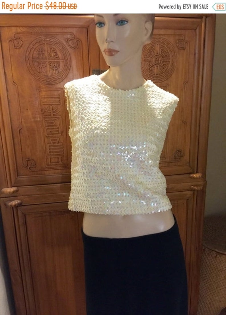 FLASH SALE 60S Hollywood Glam 60s Cream Sequin Cocktail Party Wedding Top Blouse