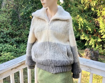 70s Vintage Beige Gray Hilda Ltd Icelandic Nordic Thick Bombers Wool Sweater Jacket