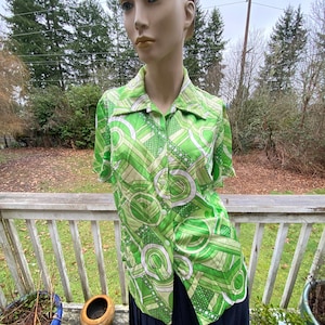 Pykettes Vintage Retro 60s 70s Lime Green Op Art Poly Shirt Blouse
