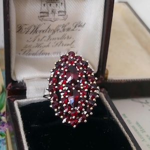 Bohemian Rose Cut Garnet Ring, size O, beautiful bright garnets