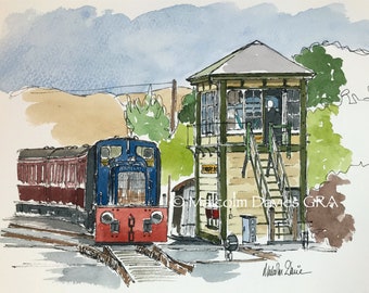 Barclay 0-4-0 Diesel Shunter @ Embsay - Bolton Abbey Heritage Railway at Embsay Station - Pen and Wash watercolour by Malcolm Davies GRA