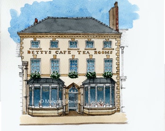 Limited Edition Print of Bettys Cafe & Tea Rooms at Northallerton from an original watercolour painting by Malcolm Davies GRA.