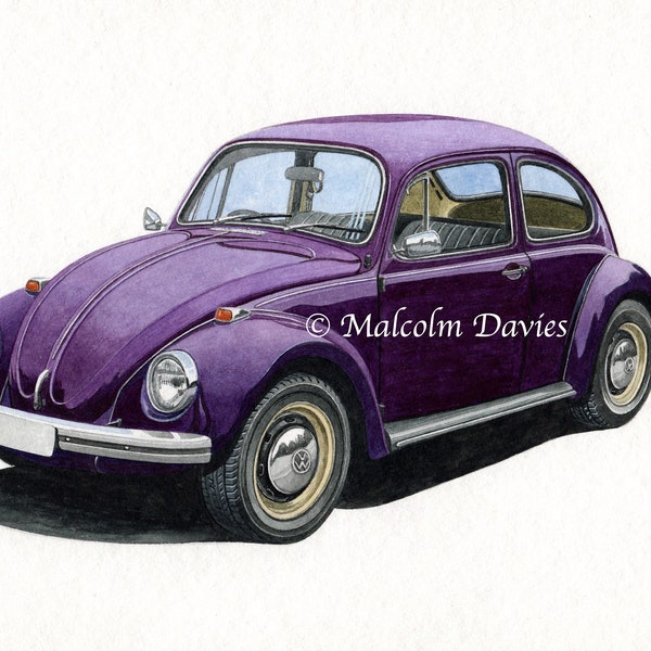 Impression en édition limitée d'une coccinelle Volkswagen, d'après une peinture originale de Malcolm Davies.