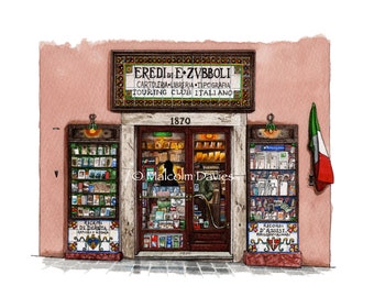 Limited Edition Print - Eredi di E Zubboli Bookshop & Stationers - Assisi, Umbria Italy - from an original watercolour by Malcolm Davies GRA