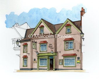 The Old Royal Oak Hotel and Public House, Knaresborough, North Yorkshire - Pen and Wash watercolour by Malcolm Davies GRA