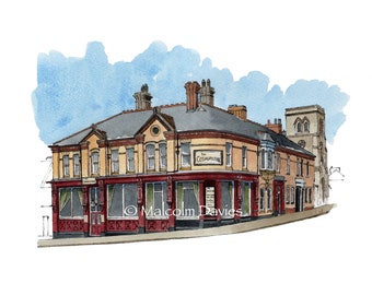 Limited Edition Print of the Cosmopolitan Public House, Hartlepool from an original watercolour painting by Malcolm Davies GRA.