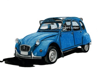 Limited Edition Print of a Citroen 2CV from an original painting by Malcolm Davies GRA.