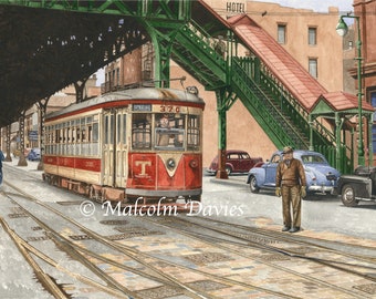 Limited Edition Print - A Third Avenue Rail System TARS streetcar tramcar in 1940's New York by Malcolm Davies. New for 2021.