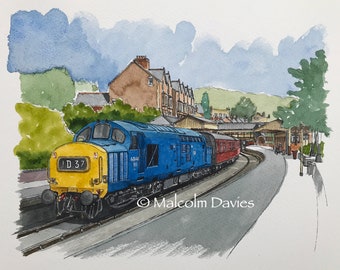 Class 37 Diesel Locomotive No 6940 @ Llangollen Station on the Llangollen Railway - Pen & Wash watercolour by Malcolm Davies GRA