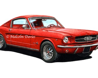 Limited Edition Print of a 1960's Ford Mustang Fastback from an original painting by Malcolm Davies.