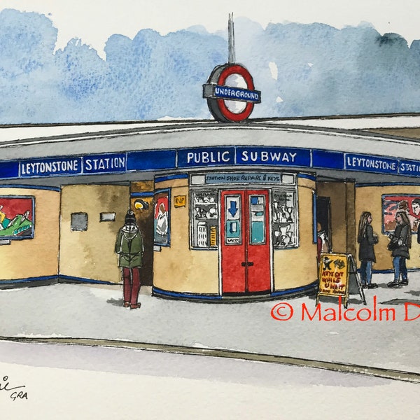 Leytonstone Underground Station, East London - Pen and Wash watercolour by Malcolm Davies GRA