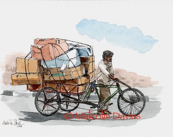 Limited Edition Print of a Cycle Rickshaw in Jaipur, Rajasthan, India -  from an original watercolour by Malcolm Davies GRA