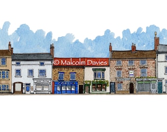 Limited Edition Print - Stokesley, North Yorkshire - High Street Panorama - from an original watercolour by Malcolm Davies GRA