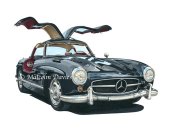 Limited Edition Print (A4 size) of a Gullwing Mercedes Benz 300 SL Coupe from an original painting by Malcolm Davies.