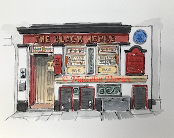 The Black Horse Public House at Whitby, North Yorkshire - Pen and Wash watercolour by Malcolm Davies GRA