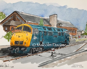 Warship Class Diesel Locomotive D821 Greyhound @ Kidderminster Station Severn Valley Railway - Pen & Wash watercolour by Malcolm Davies GRA