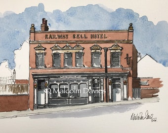 The Railway Bell Hotel on Comberton Hill Kidderminster - Pen and Wash watercolour by Malcolm Davies GRA