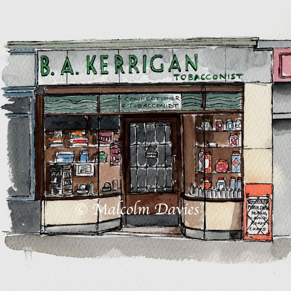 1950's / 1960's B A Kerrigan Confectioner & Tobacconist Shop in South Methven Street, Perth - Pen and Wash watercolour by Malcolm Davies GRA